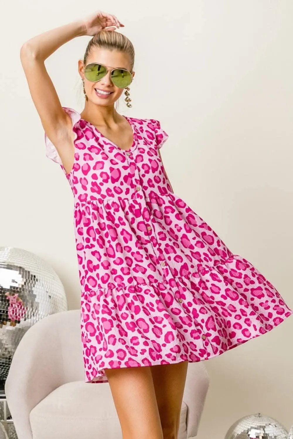 BiBi Leopard Cap Sleeve Tiered Mini Dress for Wild Style - Love Salve